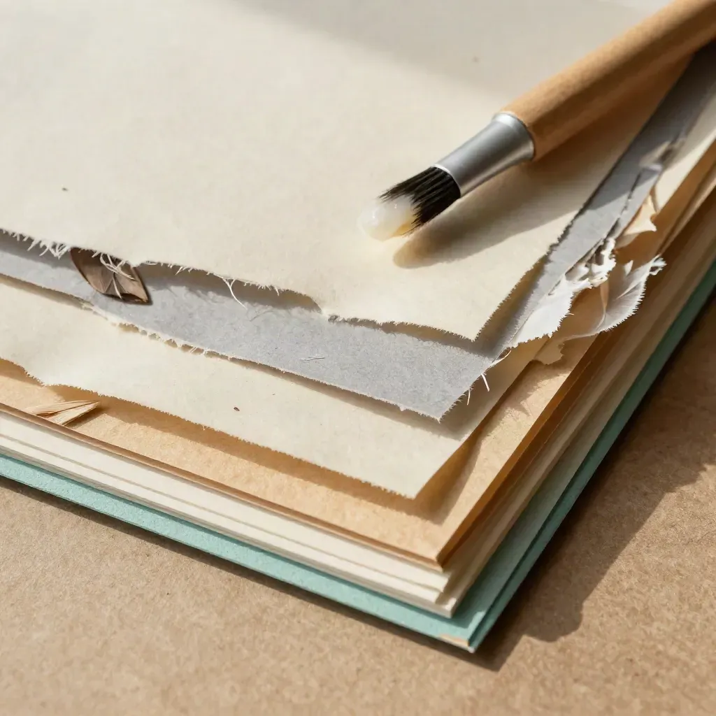 Makro zestawu do kolażu papierowego: warstwowe skrawki, pędzel do kleju i pył papieru.