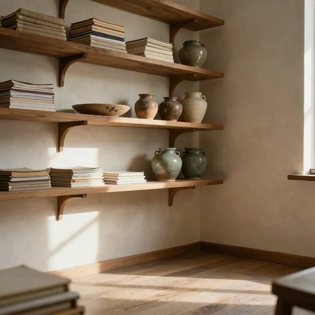 Kącik atelier z półkami, szkicownikami i słoikami pigmentu w ciepłym świetle.